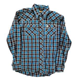 Wrangler Retro Boys Western Snap Shirt Size L 10-12 Blue Brown Plaid Pearl Snap